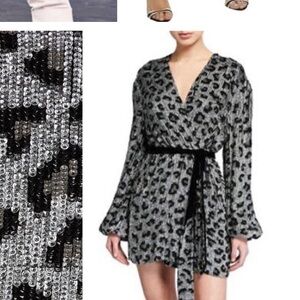 Retrofete Gabrielle Sequined Robe Mini Wrap Dress Silver Black Leopard XS